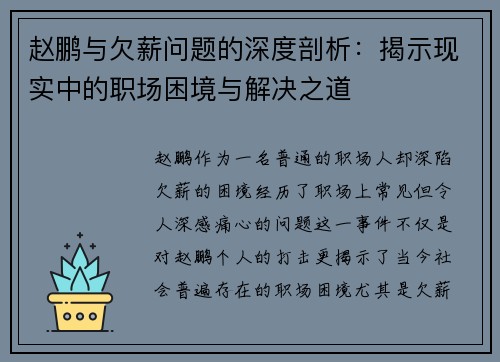 赵鹏与欠薪问题的深度剖析：揭示现实中的职场困境与解决之道